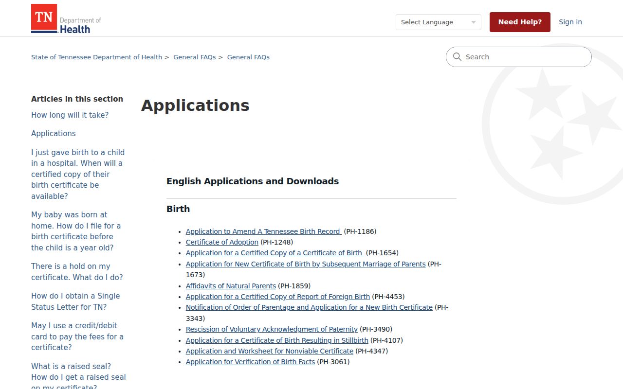 Memphis resident lookup Tennessee vital records application choices
